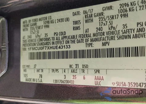 2017 Ford Escape S из США, поврежденный, VIN 1FMCU0F7XHUE43133